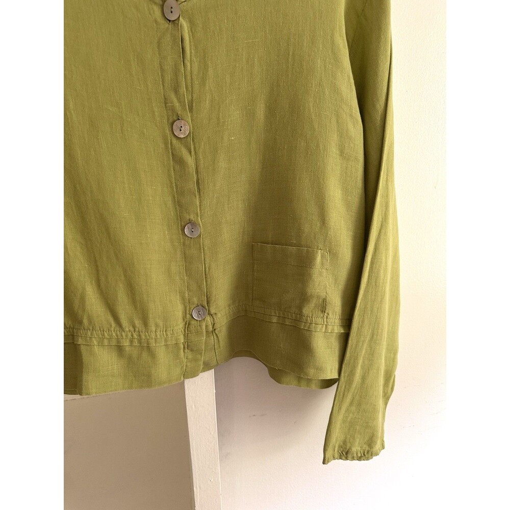FLAX Womens Green Woven Linen Lagenlook Boho Long Sleeve Button Up Top Sz L - Picture 3 of 10